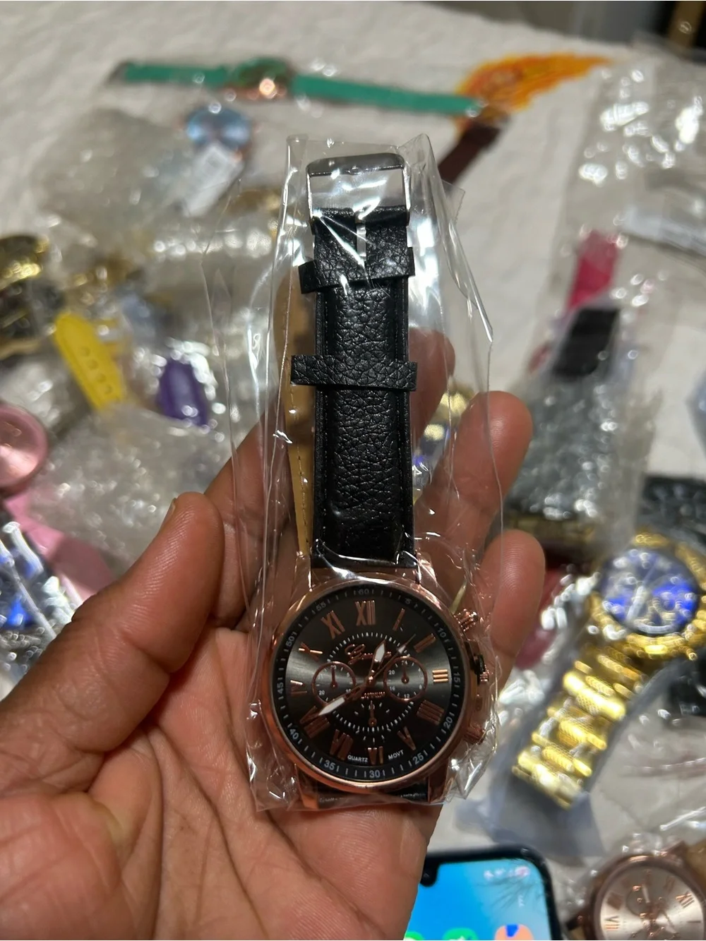 & Other Stories Black Leather Strap Watch with Rose Gold Dial